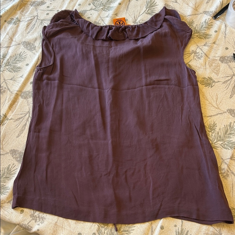 Tory Burch Purple Silk Blouse Tank Top Ruffled V Neck with tie Womens Size 10 - Picture 4 of 4